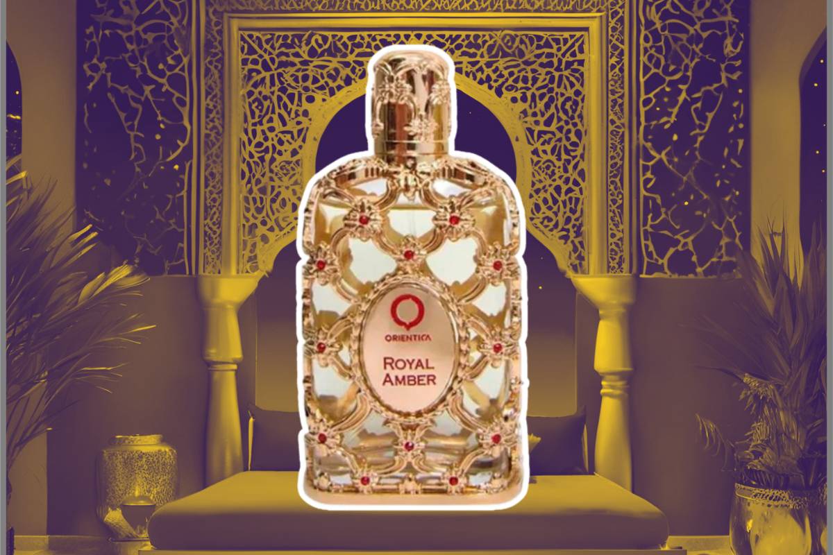 Perfume Royal Amber de Orientica, com um fundo dourado árabe