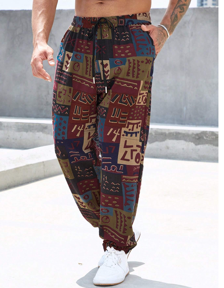 5 - Manfinity RSRT Cordão Bolso Retalhos Tribal Estampa total Boho Calças Masculina