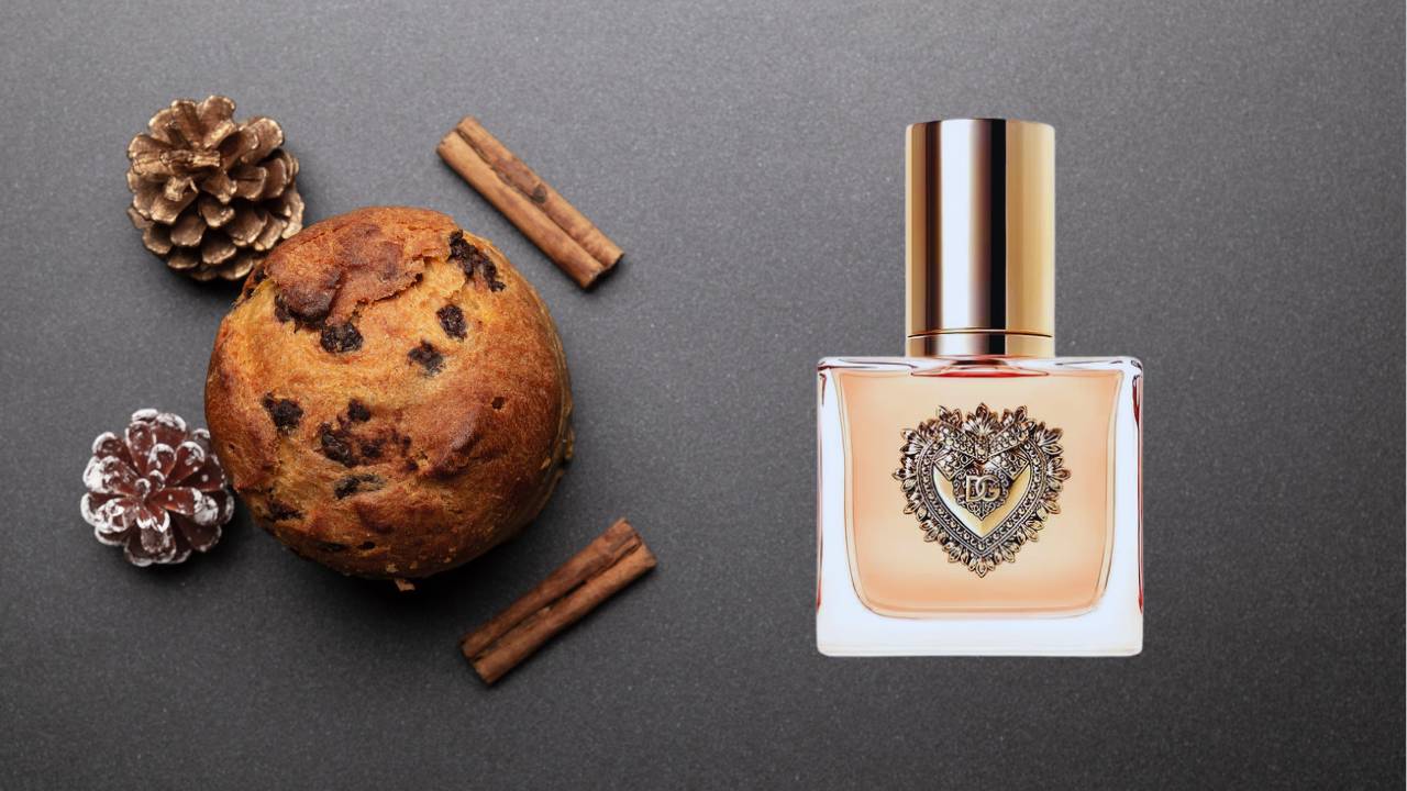 Devotion, perfume da Dolce & Gabanna, ao lado de um Panetone