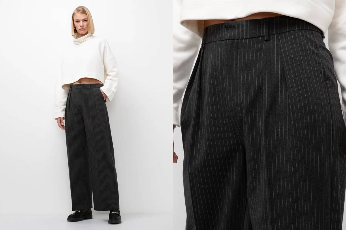 calça baggy alfaiataria risca de giz bff agatha cinza