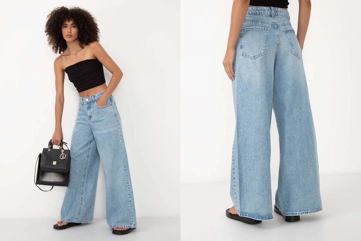 calça jeans super wide leg cintura média - jeans claro