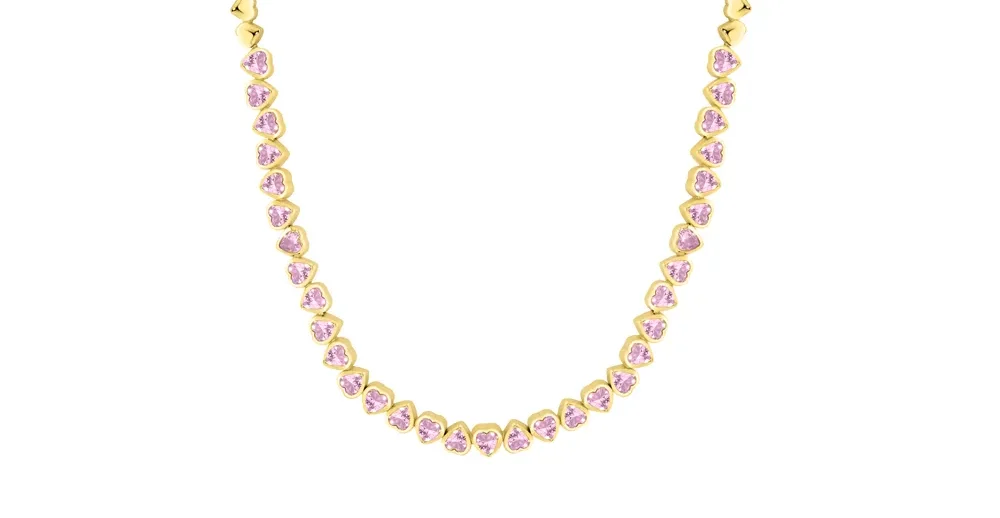 Colar Life Cora Corações Prata Banho Ouro Amarelo Cristal Rosa