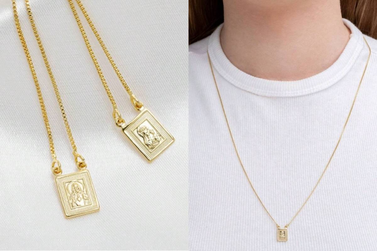 Escapulário Religioso Sagrado Coração de Jesus e Nossa Senhora do Carmo Banhado a Ouro 18K - D France Semijóias