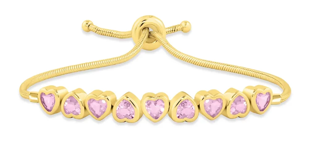 Pulseira Life Cora Corações Prata Banho Ouro Amarelo Cristal Rosa
