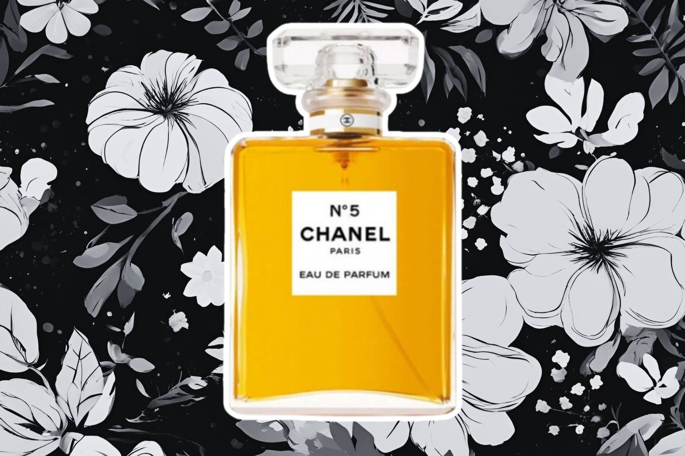 Perfume Chanel No 5 em um fundo noturno com flores