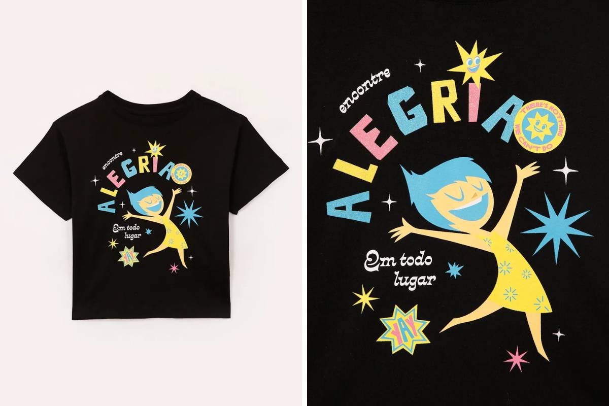 camiseta de algodão infantil alegria divertida mente preta
