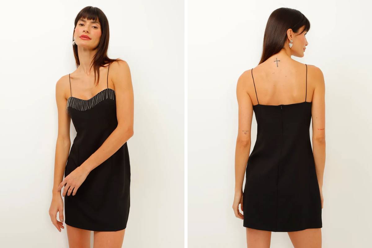 vestido curto com franjas e alças finas preto