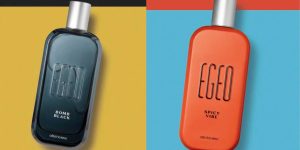 Perfumes Egeo Bomb Black e Egeo Spicy Vibe lado a lado em uma montagem