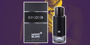 Explorer da Montblanc em destaque; ao fundo, um homem de terno passando perfume