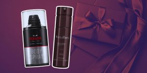 Dois frascos de body sprays masculinos em destaque em uma montagem