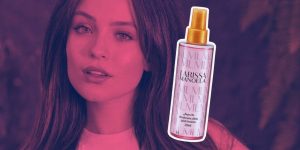 Montagem com Larissa Manoela ao fundo e o frasco do body splash em destaque