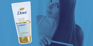 Creme Leave-in Dove Bond Repair em destaque; ao fundo, uma mulher penteando o cabelo