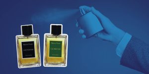 Montagem com dois frascos de perfumes masculinos da Maison Viegas em destaque