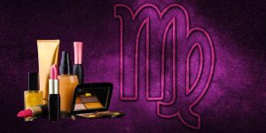 Cosméticos em frente a uma arte com o símbolo do signo de Virgem
