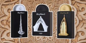 Os três perfumes da linha Art of Arabia enfileirados lado a lado