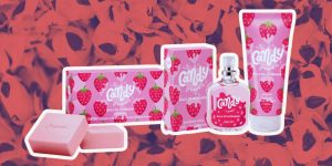 Todos os produtos da linha Candy Land Bala De Morango da Jequiti enfileirados