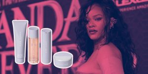 Montagem com produtos Fenty Skin e a cantora Rihanna