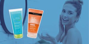 Mulher limpando o rosto; ao lado, dois frascos de gel de limpeza