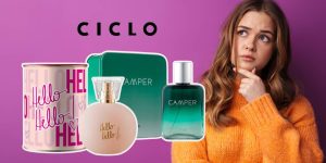 Montagem com mulher com dúvida e perfumes da Ciclo Cosméticos