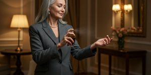 Mulheres elegantes usam perfume francês O.U.i Élégance Royale 115 no outono inverno