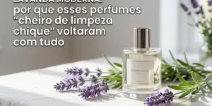 Frasco de perfume com lavanda, luz suave na mesa