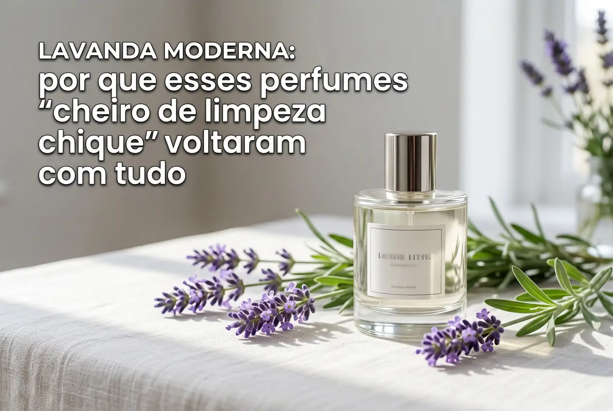Frasco de perfume com lavanda, luz suave na mesa