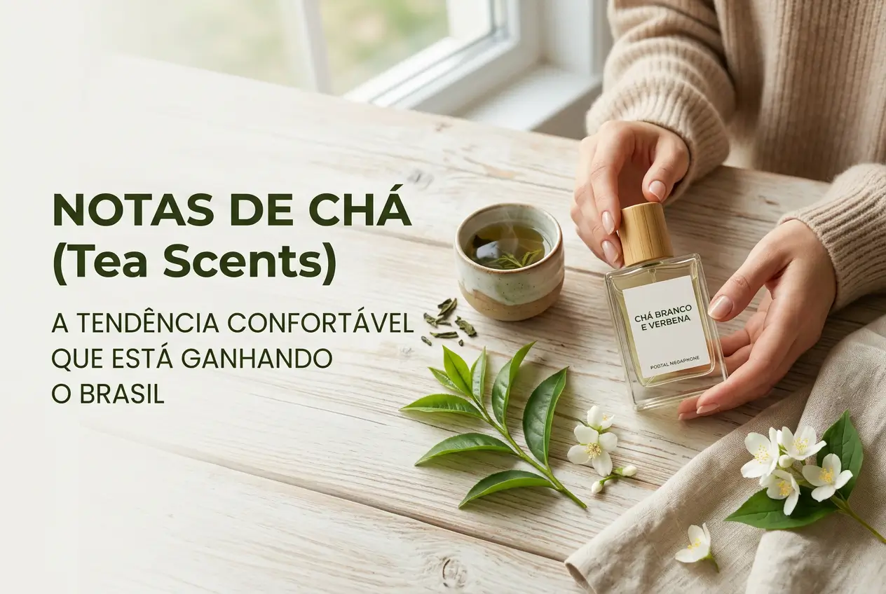 Mão segurando perfume "Chá Branco e Verbena" com folhas de chá