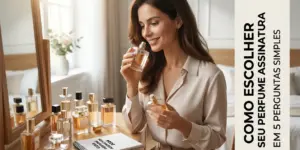 Mulher contemplando perfume em mesa com guia de escolha