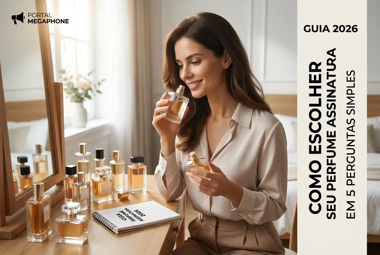 Mulher contemplando perfume em mesa com guia de escolha