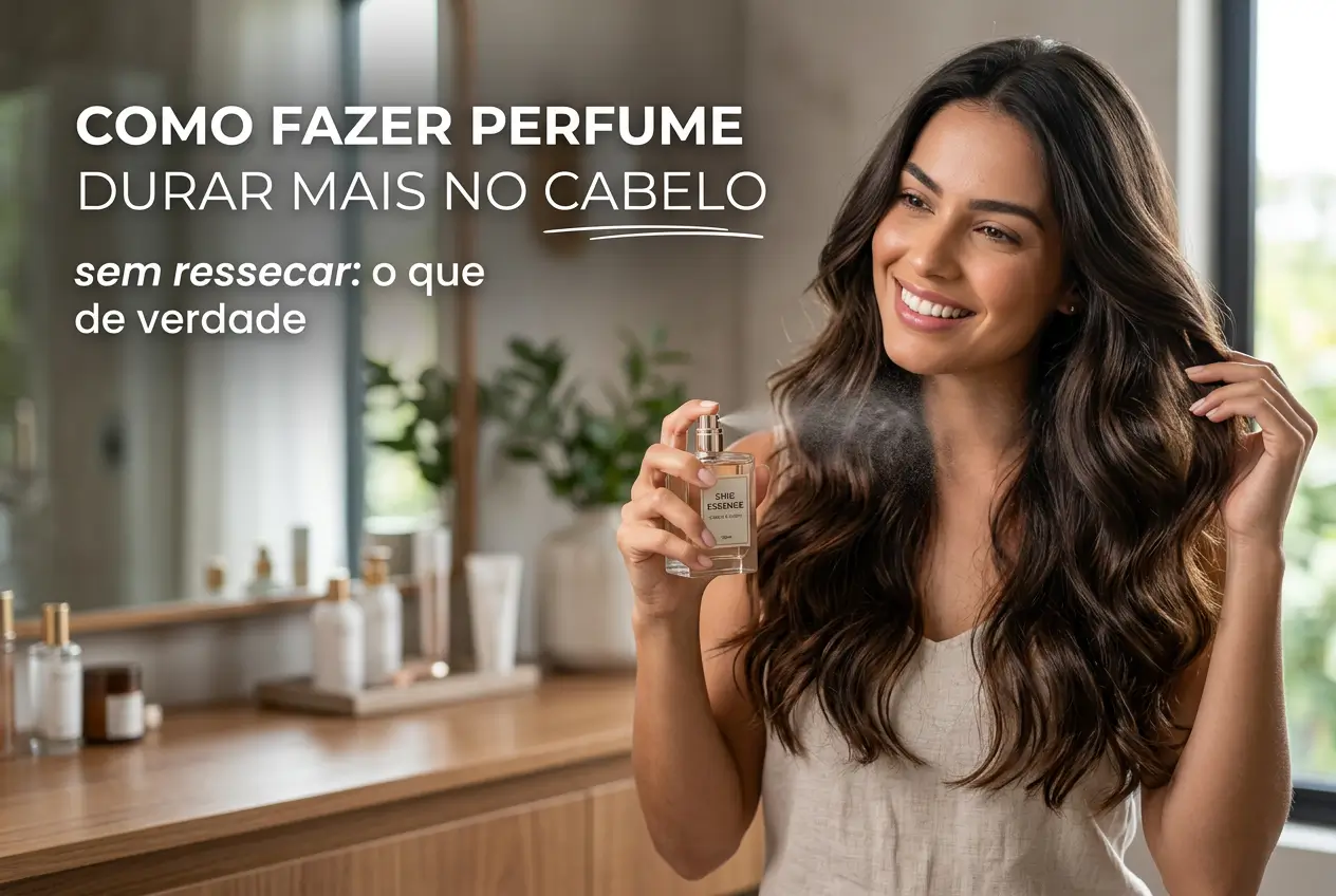 Mulher sorrindo aplicando perfume no cabelo com produtos ao fundo