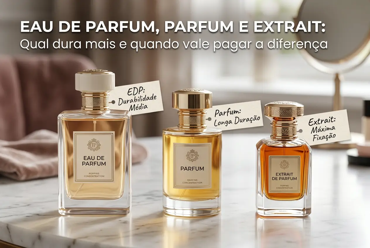 Perfumes Eau de Parfum, Parfum e Extrait em superfície de mármore