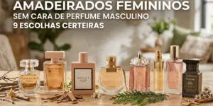 Perfumes femininos amadeirados em superfície de madeira com flores