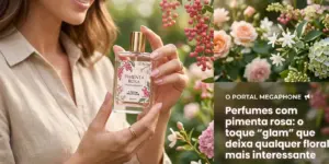 Mulher com perfume Floral Elegance em jardim de flores
